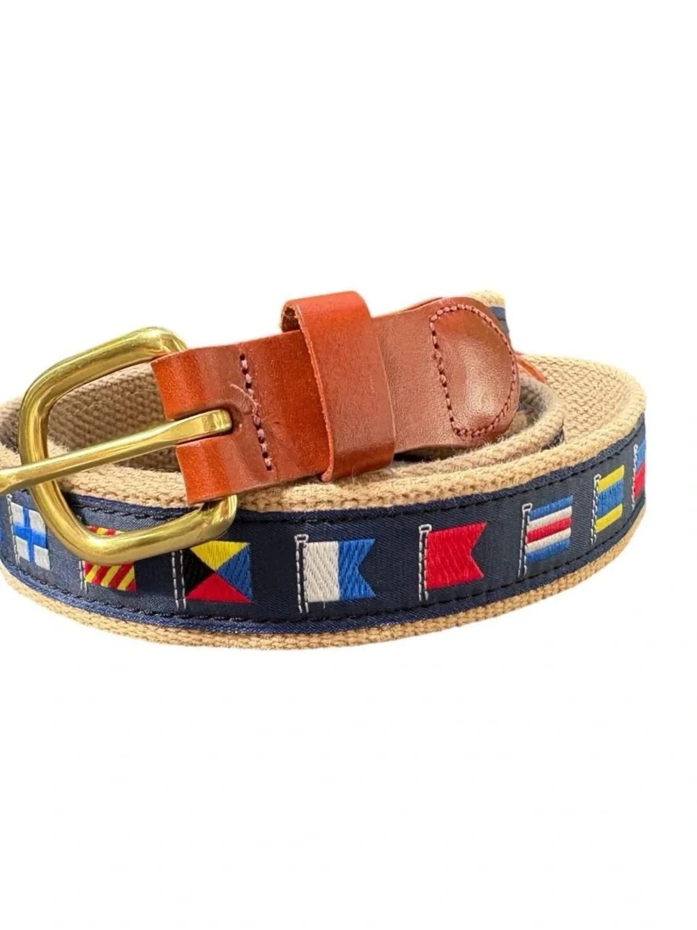 Navy Embroidered Nautical Flag Canvas Belt with Brown Leather Trim